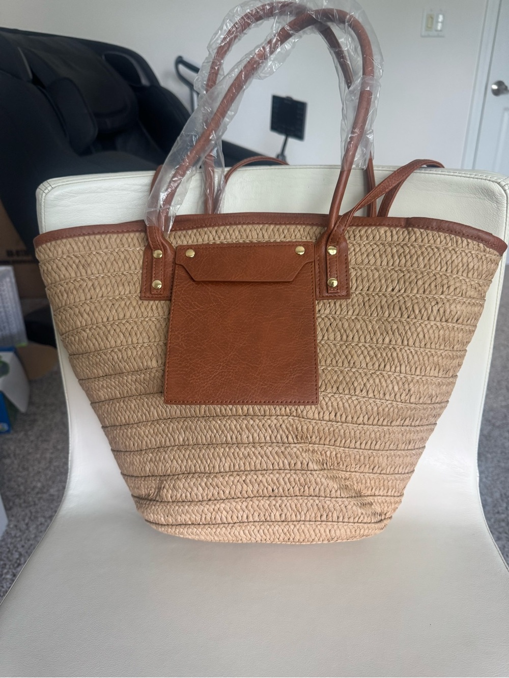 Large Straw tote bag with Brown Faux Leather Trim/Summer beach/Vacation Shoulder